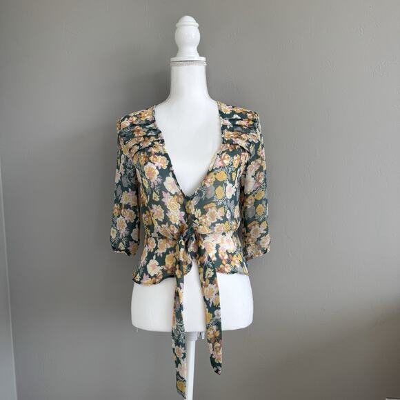 Free People Maybel Blouse Sz M Happy Combo Floral Tie Top 3/4 Sleeve Boho Sheer - Picture 1 of 9